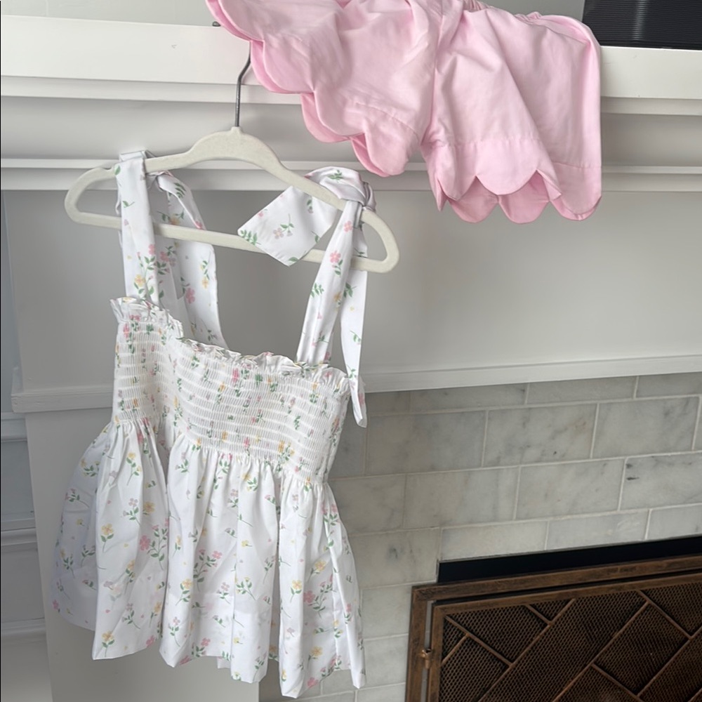 Floral White Smocked Top with Pink Scalloped Shorts